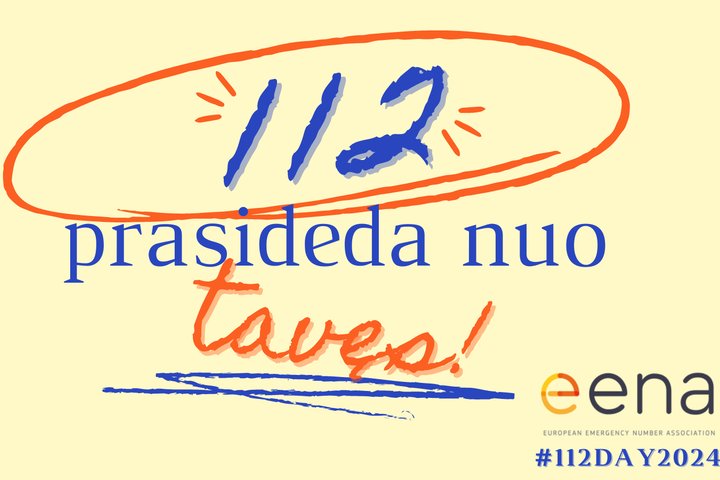 Europos skubios pagalbos numerio asociacijos vizualas su šūkiu „112 prasideda nuo tavęs!“