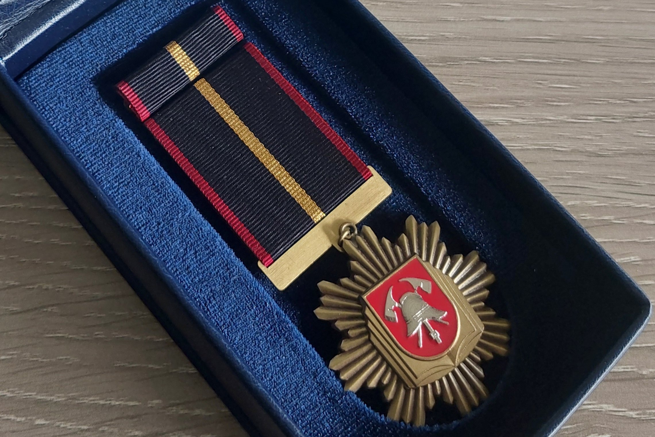 Nuotraukoje matomas dėžutėje gulintis apdovanojimas su juostele
